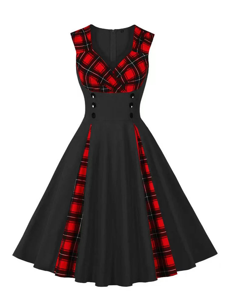 Black and Tartan Sweetheart Neck Double Breasted 50s Robe Women Sleeveless Summer Cotton Rockabilly Vintage Dresses