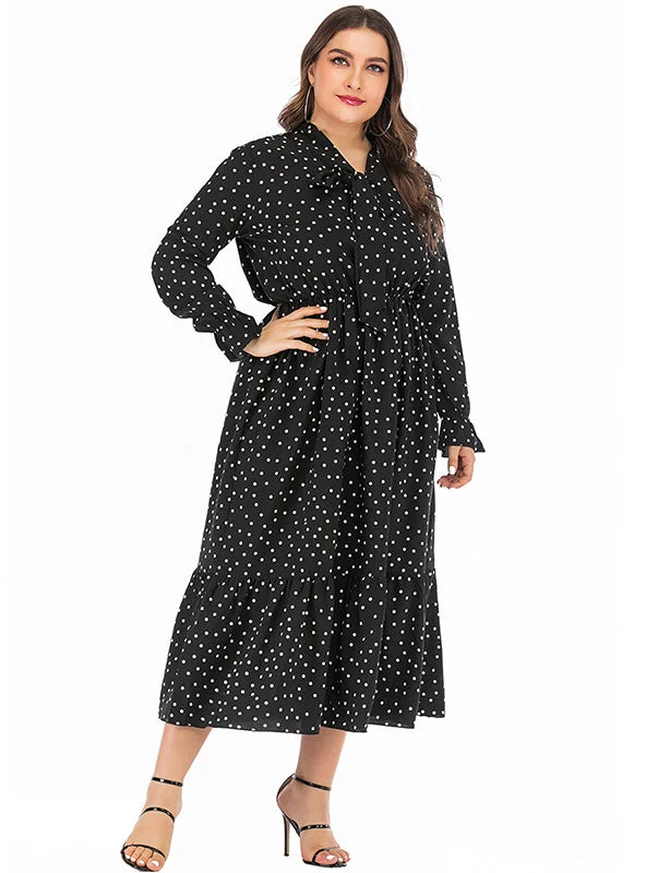 Black Polka Dot Printed Bow V-neck Long Sleeve Dress