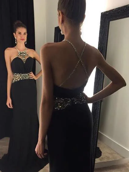 Black Prom Dresses Sheath/Column Rhinestone Halter Sexy Prom Dress/Evening Dress JKL432