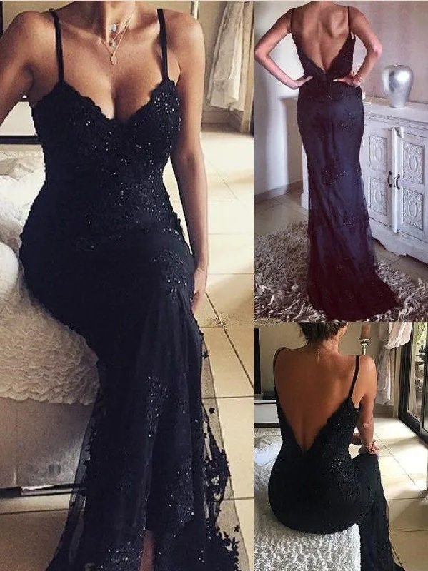 Black Prom Dresses Sheath Spaghetti Straps Backless Prom Dress JKL1047