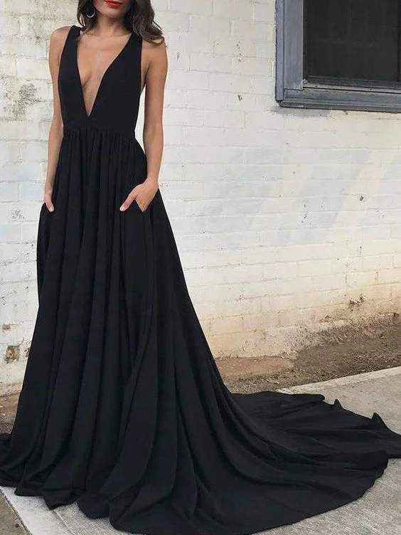 Black Prom Dresses V-neck Sweep/Brush Train Sexy Cheap Prom Dress/Evening Dress JKL326