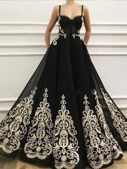 Black Prom Dresses with Straps Gold Appliques Sparkly Prom Dress A Line Evening Dress JKL1653