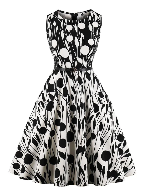 Black White 1950s Belted Pendulum Dress