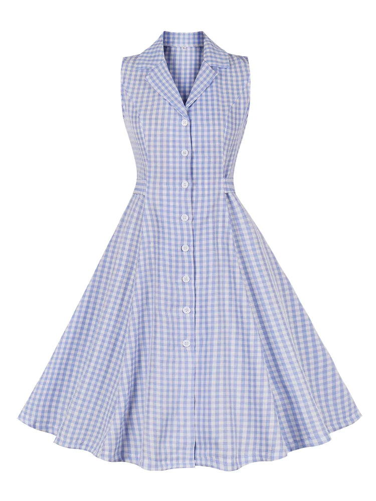 Blue and White Plaid Vintage Dresses for Women Notched Collar Single Breasted Bow Tie Back Elegant A-Line Dress