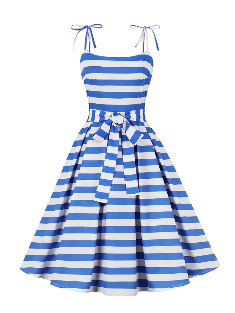 Blue and White Stripes Summer Dress Women Bow Tie Strap Fit and Flare 50s Pinup Pleated Vintage Dresses