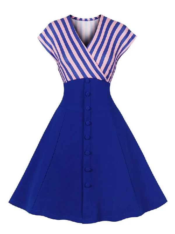 Blue Striped Patchwork High Waist A Line Summer Dress for Women V-Neck Single Breasted Vintage Dresses