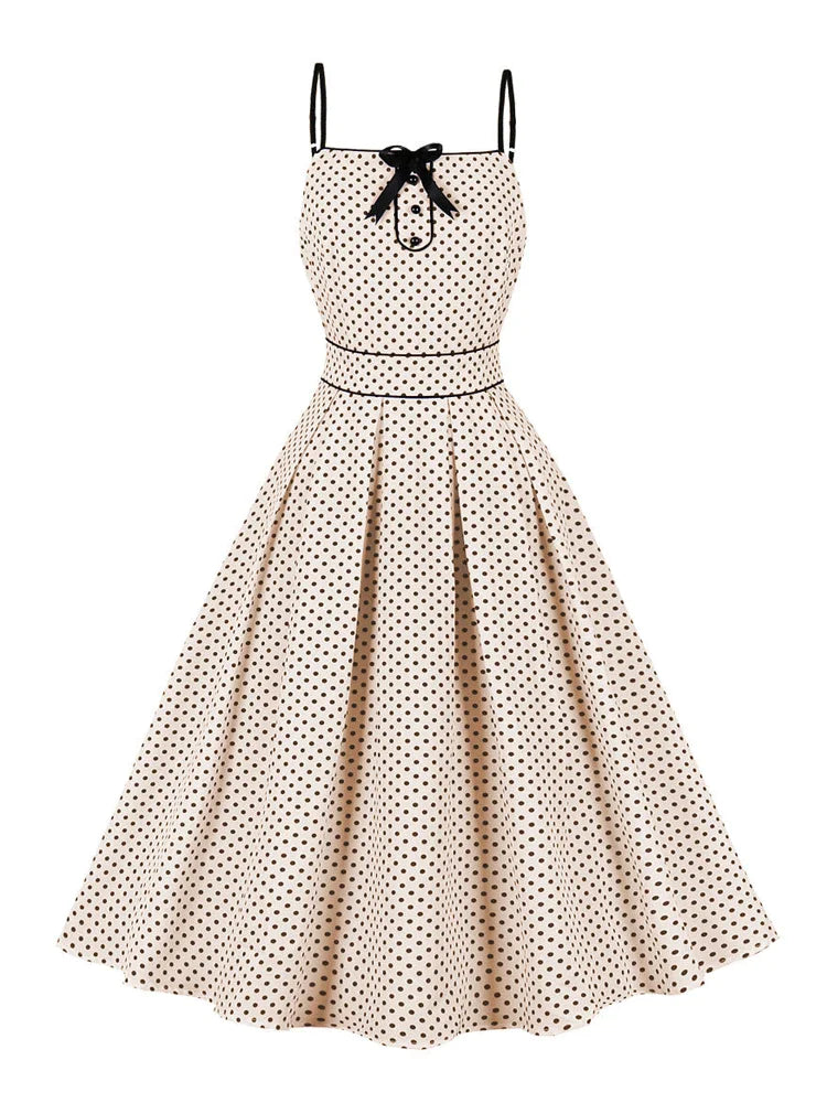 Bow Front High Waist Pleated Dress Summer Vacation Women Spaghetti Strap Fit and Flare Vintage Polka Dot Dresses