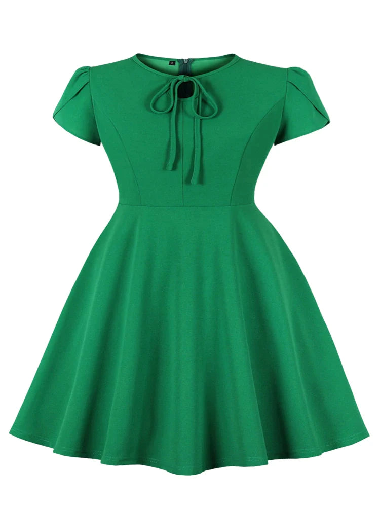 Bow Neck Keyhole Petal Sleeve Green Solid Swing Dresses Elegant Women XL to 4XL Clothing Plain Vintage Dress