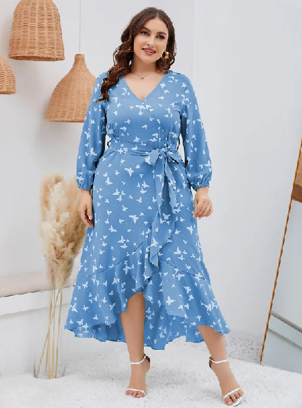 Butterfly Printed Ruffled Long Sleeve V-neck Large Size Dress