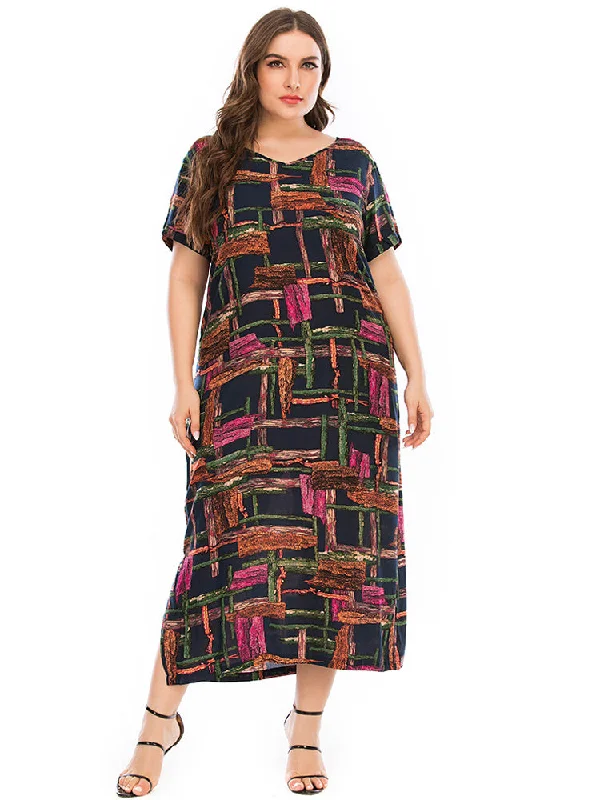 Casual Printed Split V-neck Short Sleeve Dress