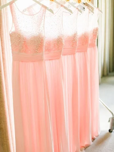 Chic Bridesmaid Dresses Pink A-line Floor-length Chiffon Beading Bridesmaid Dresses JKB062