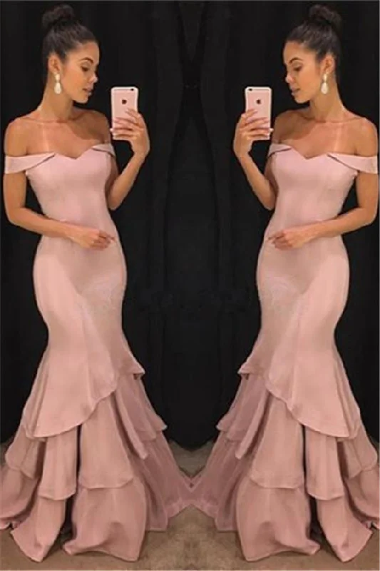 Chic Off-the-Shoulder Mermaid Prom Dresses Tiered Pink Ruffles Evening Gowns On Sale