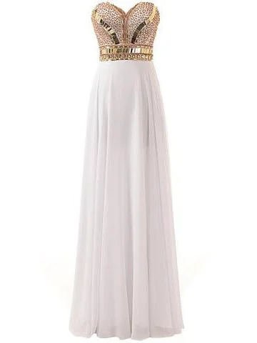 Chic Prom Dresses A-line Sweetheart Floor-length White Chiffon Cheap Prom Dress JKL503