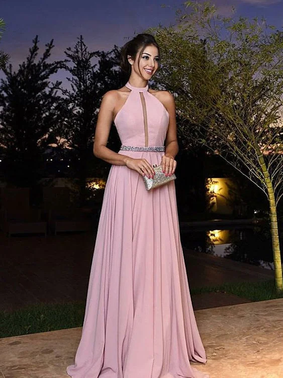 Chic Prom Dresses Floor-length Sparkly Halter Prom Dress Simple Evening Dress JKL1146