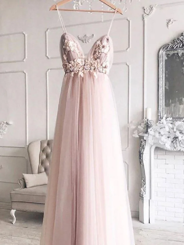 Chic Prom Dresses with Spaghetti Straps A Line Backless Prom Dress Pink Evening Dress JKL1682