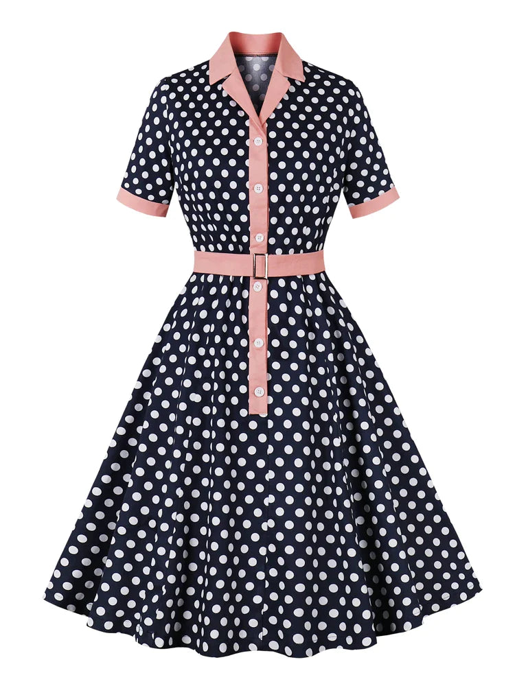 Contrast Collar Polka Dot Vintage Dress Pinup 50s Women Single Breasted Belted Summer Cotton Rockabilly Dresses