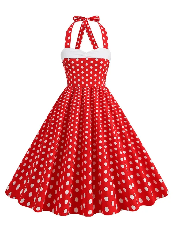 Cotton Vintage Summer Dresses for Women Halter Polka Dot 50s Rockabilly Fit and Flare Pleated Backless Dress