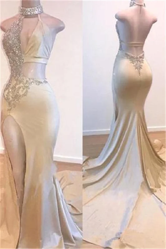 Crystal Halter Side Slit Prom Dresses A-Line Backless Sleeveless Evening Dresses