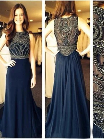 Dark Navy Prom Dresses A-line Scoop Rhinestone Sexy Prom Dress/Evening Dress JKL440