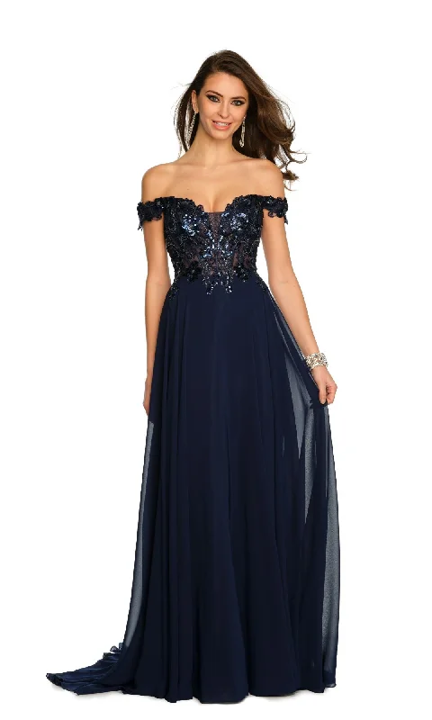 Dave and Johnny Off-Shoulder Navy Prom Dress 11242