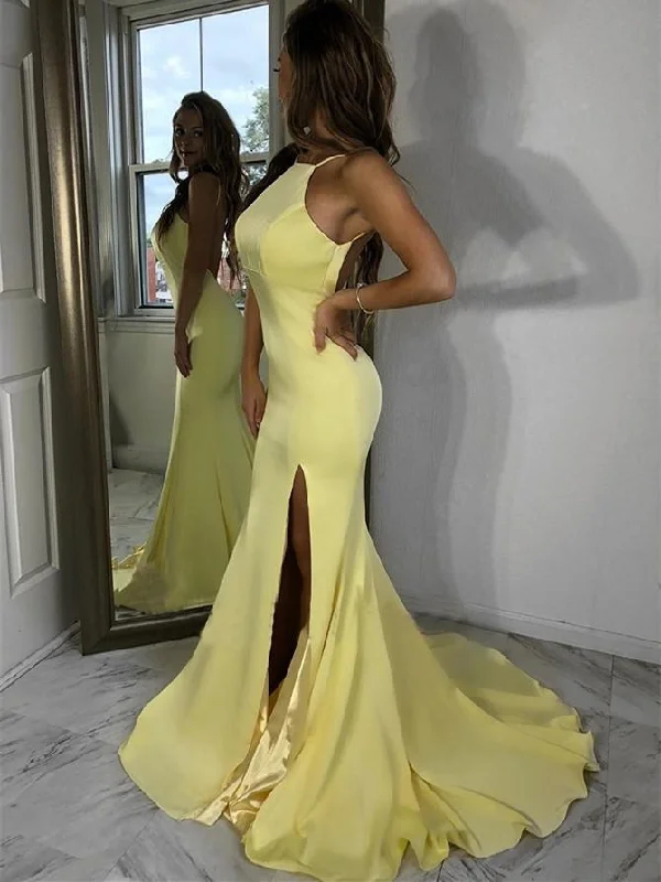 Delicate Jewel Mermaid Prom Dresses Satin Gowns With Slit JKU6312