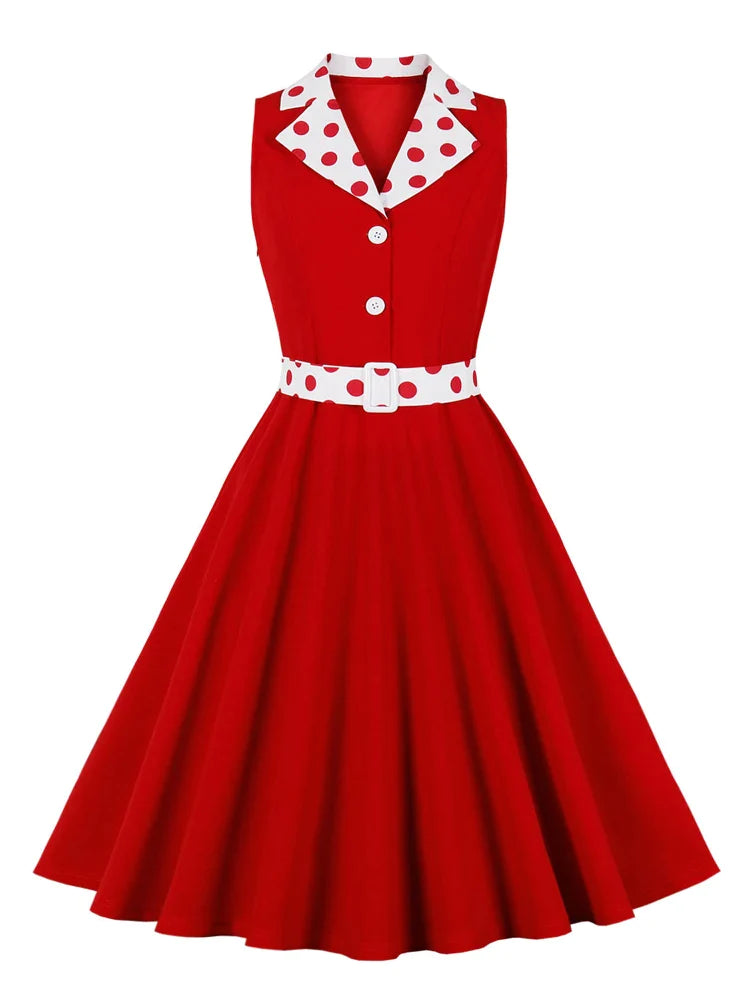 Dotted Notched Collar Button Up Women Red Vintage Dress Sleeveless Summer Ladies Formal Occasion Dresses with Belt