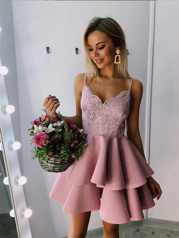 Dusty Pink Spaghetti Straps Embroidery Ruffle Cute Homecoming Dresses AN2208