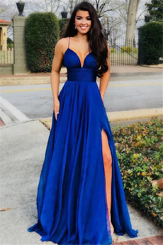 Elegant A-Line Spaghetti Straps Sleeveless Side Slit Evening Dresses