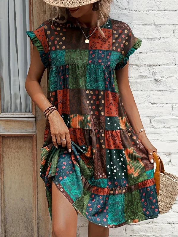 Elegant Patchwork Print Dress with Ruffle Sleeves