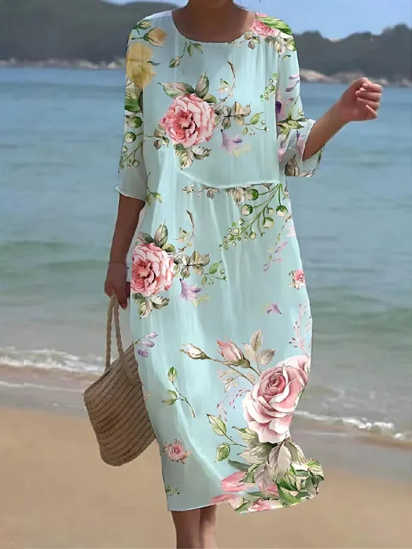 Floral Print Round Neck Short Sleeve Dress