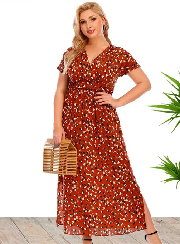 Floral V-neck Short Sleeve Split Dress