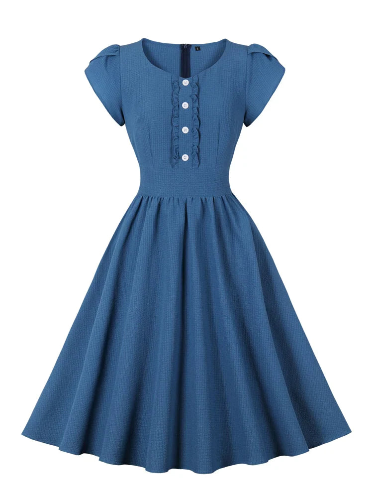 Frilled Button Front Petal Sleeve Summer Outfits for Women Knee Length Vintage Style Blue Pleated Dress