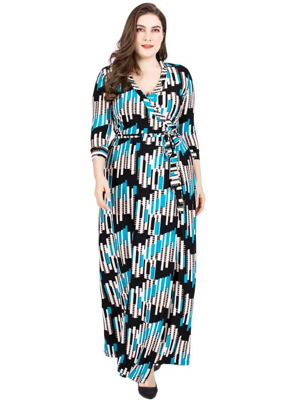 Geometric Printed Wrap V-neck Cropped Sleeves Dress