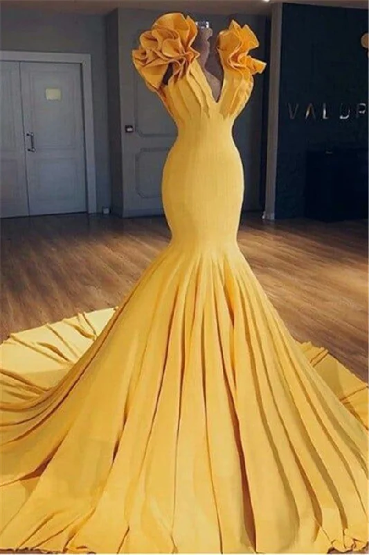 Ginger Yellow Fit and Flare Prom Dresses Ruffles Court Train Wholesale Evening Gowns