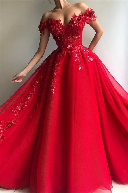 Gorgeous Ball Gown Off-the-Shoulder Applique Flowers Evening Dresses