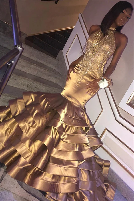 Gorgeous Gold Mermaid High Neck Sleeveless Ruffles Crystal Prom Dresses