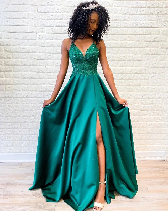 Green Satin Appliques Spaghetti Straps A-Line Prom Dress with Slit JKZ9406