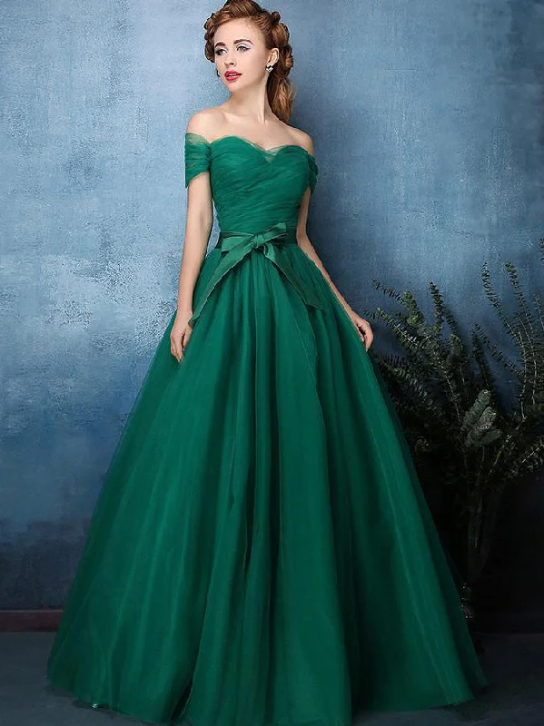 Hunter Green Prom Dresses A-line Off-the-shoulder Sexy Cheap Prom Dress/Evening Dress JKL349