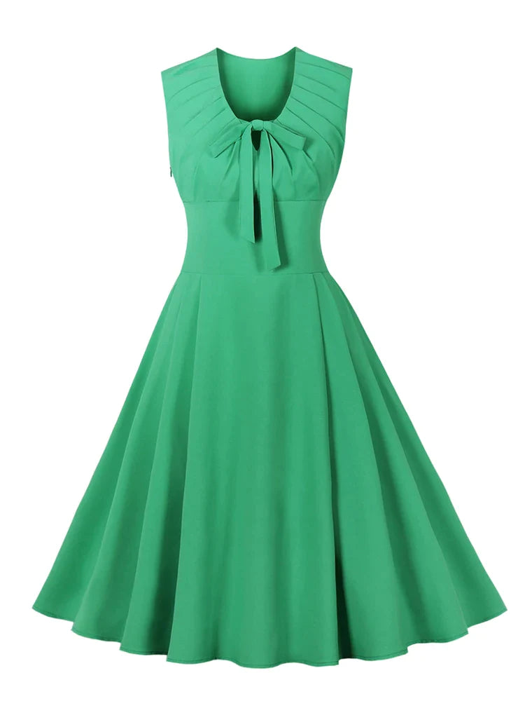 Knot V-Neck Ruched High Waist Green Solid A-Line Swing Dresses for Women Vintage Style Sleeveless Summer Dress