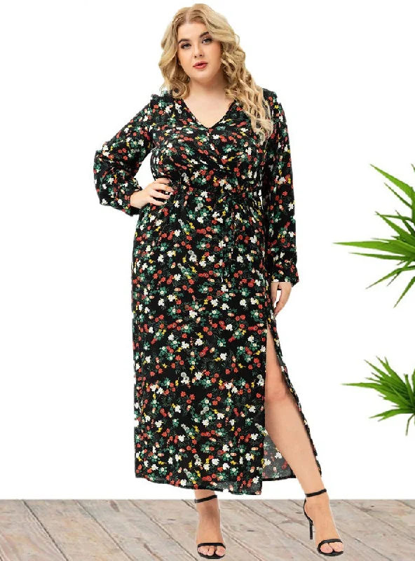 Large Size Long Sleeve Floral Split Dress