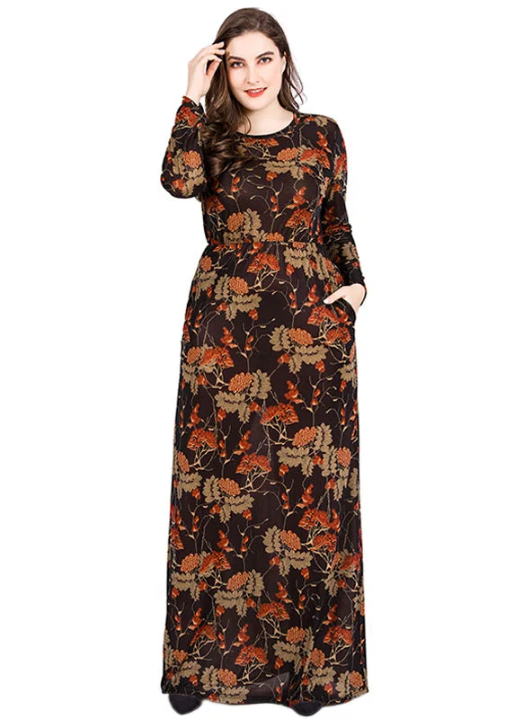 Large Size Round Neck Long Sleeve Printed Retro Dress