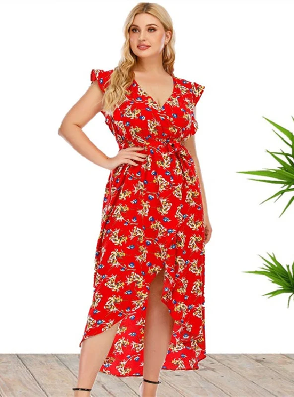 Large Size Women's V-neck Printed Dress