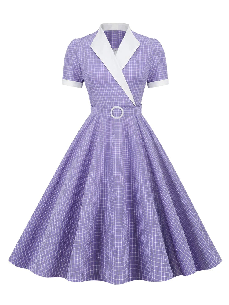 Lavender Contrast Collar and Cuff Plaid Rockabilly Vintage Style High Waist Women Summer Elegant Formal Swing Dresses