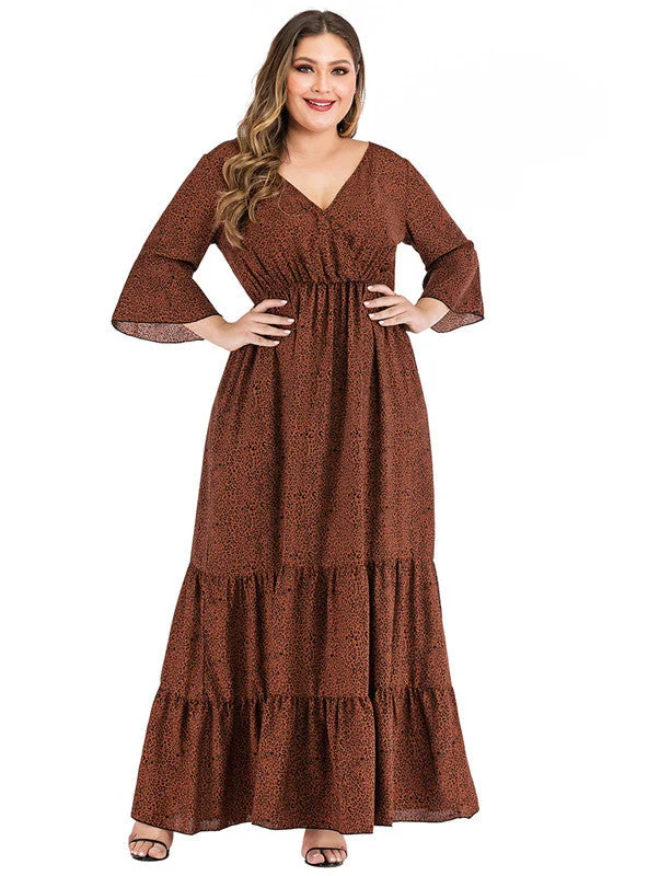 Leopard Print V-neck Trumpet Sleeve Big Swing Dress