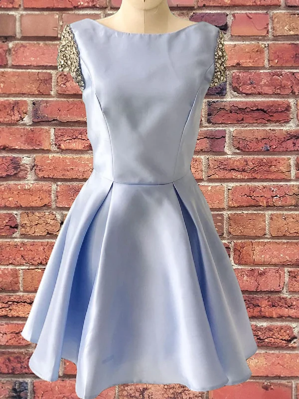 Light Blue Satin Cap Sleeve Beaded A-Line Cute Homecoming Dress AN634