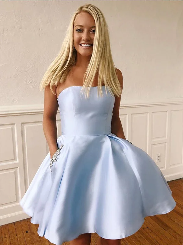 Light Blue Strapless A-Line Cute Homecoming Dresses with Pockets AN2206