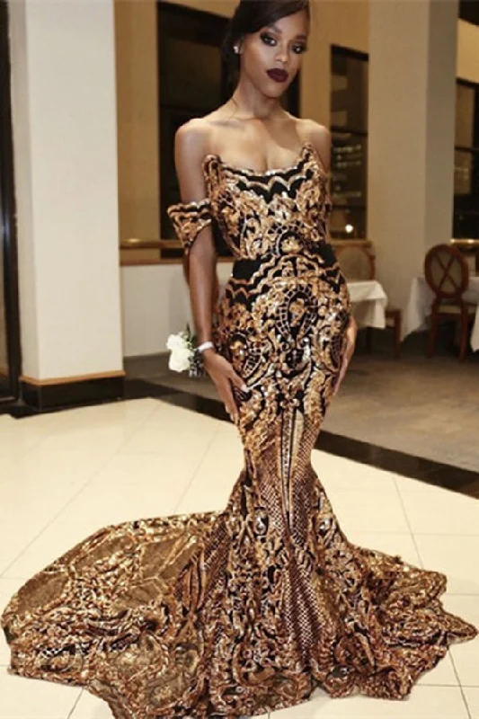 Luxurious Strapless Mermaid Golden Appliques Evening Dresses