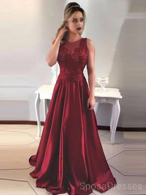 Maroon Jewel A-line Low Back Evening Prom Dresses, Cheap Custom Sweet 16 Dresses, 18470