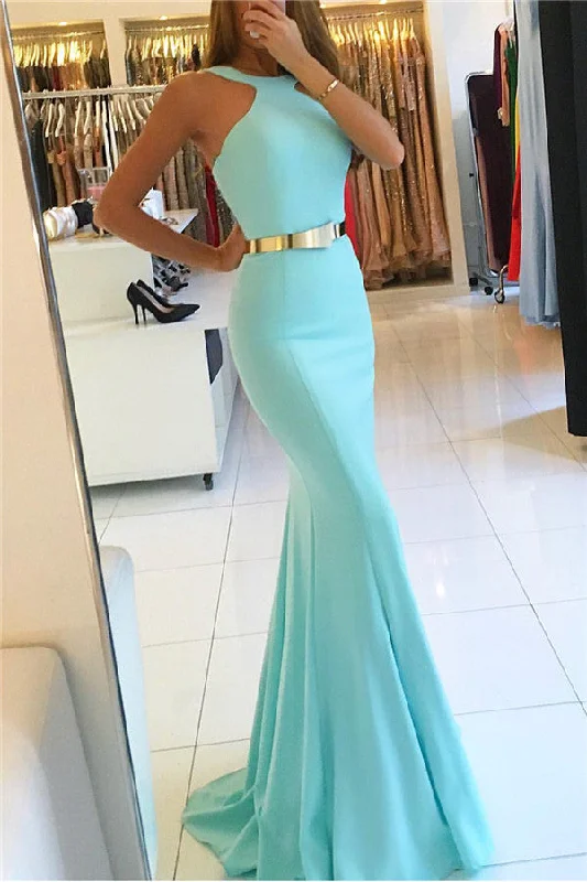 Mermaid New Arrival Halter Sleeveless Prom Dresses With Sash