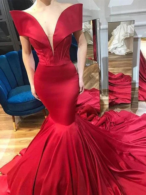 Mermaid Prom Dresses off-the-shoulder Sweep Train Chic Red Prom Dress JKL994